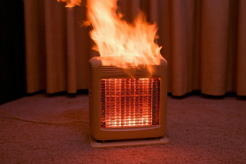 Portable electric space heater engulfed in flames on carpeted floor near curtains