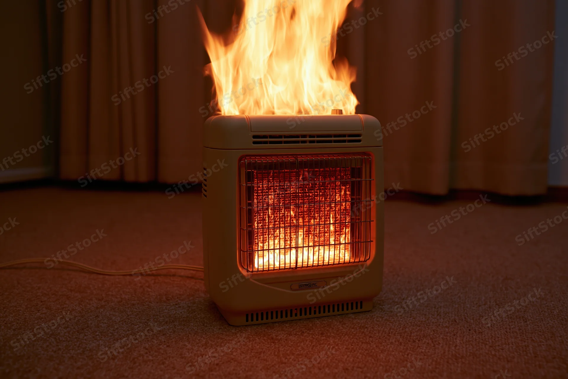 Portable electric space heater engulfed in flames on carpeted floor near curtains