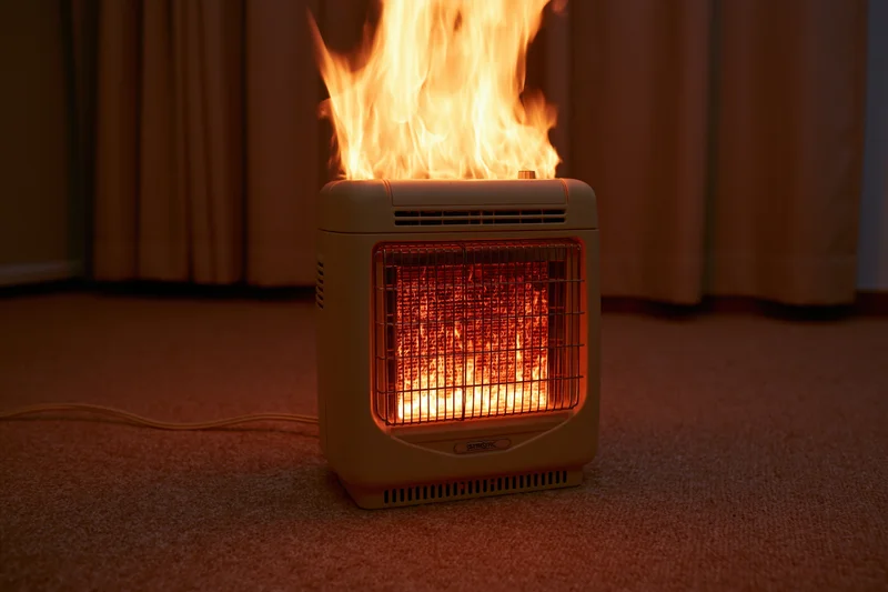 Portable electric space heater engulfed in flames on carpeted floor near curtains