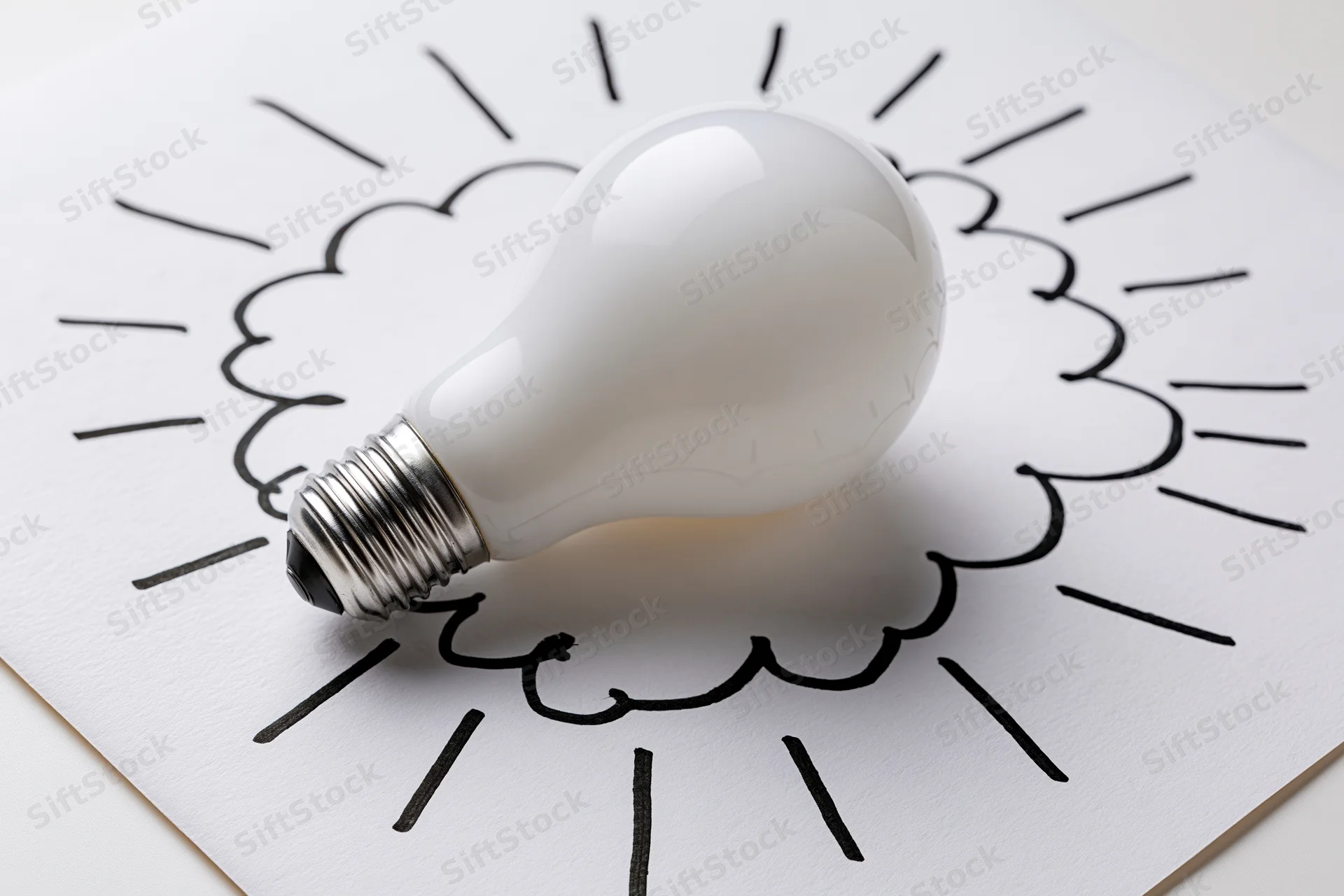 White lightbulb resting on a hand-drawn sun sketch on paper