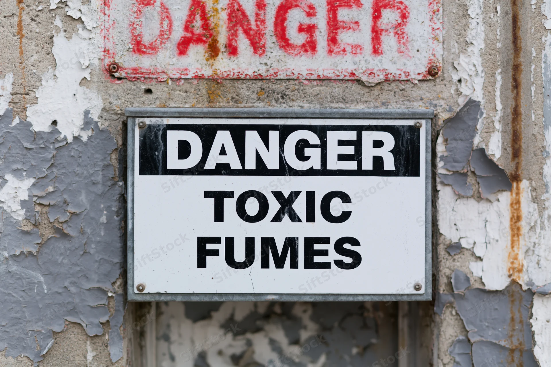 Metal warning sign reading danger toxic fumes mounted on a weathered concrete wall with peeling paint and rust