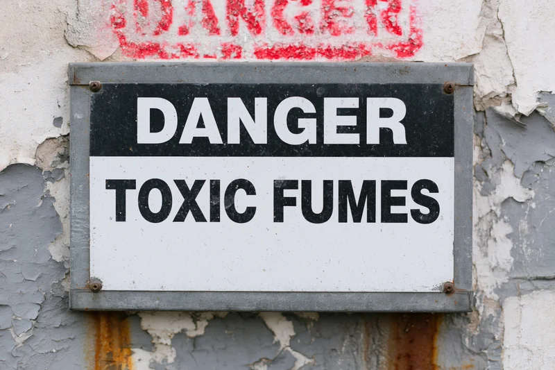 Metal warning sign reading danger toxic fumes mounted on a weathered industrial wall