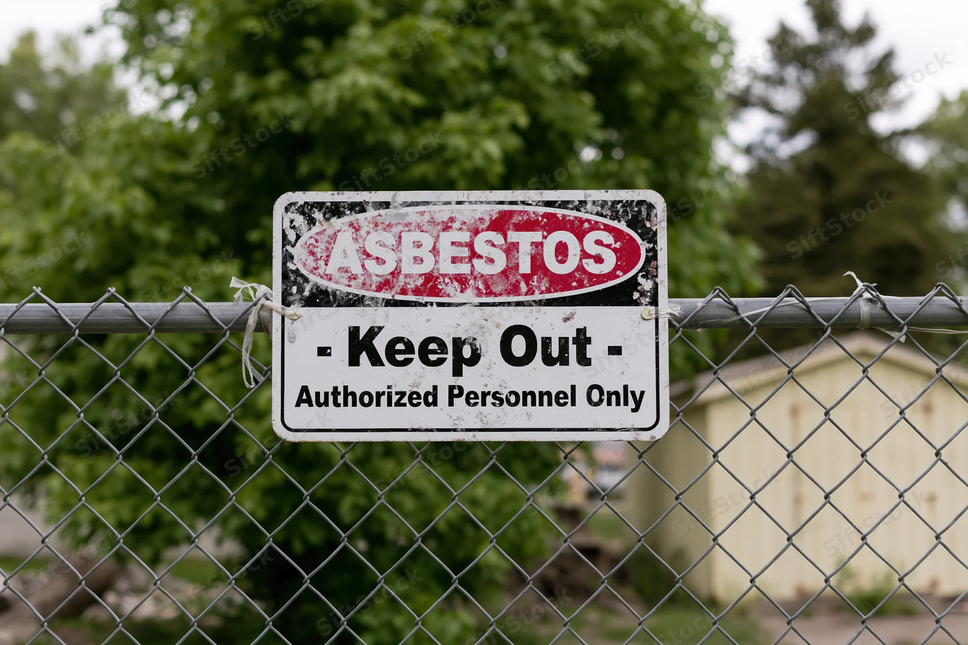 Weathered asbestos warning sign on chainlink fence at industrial site