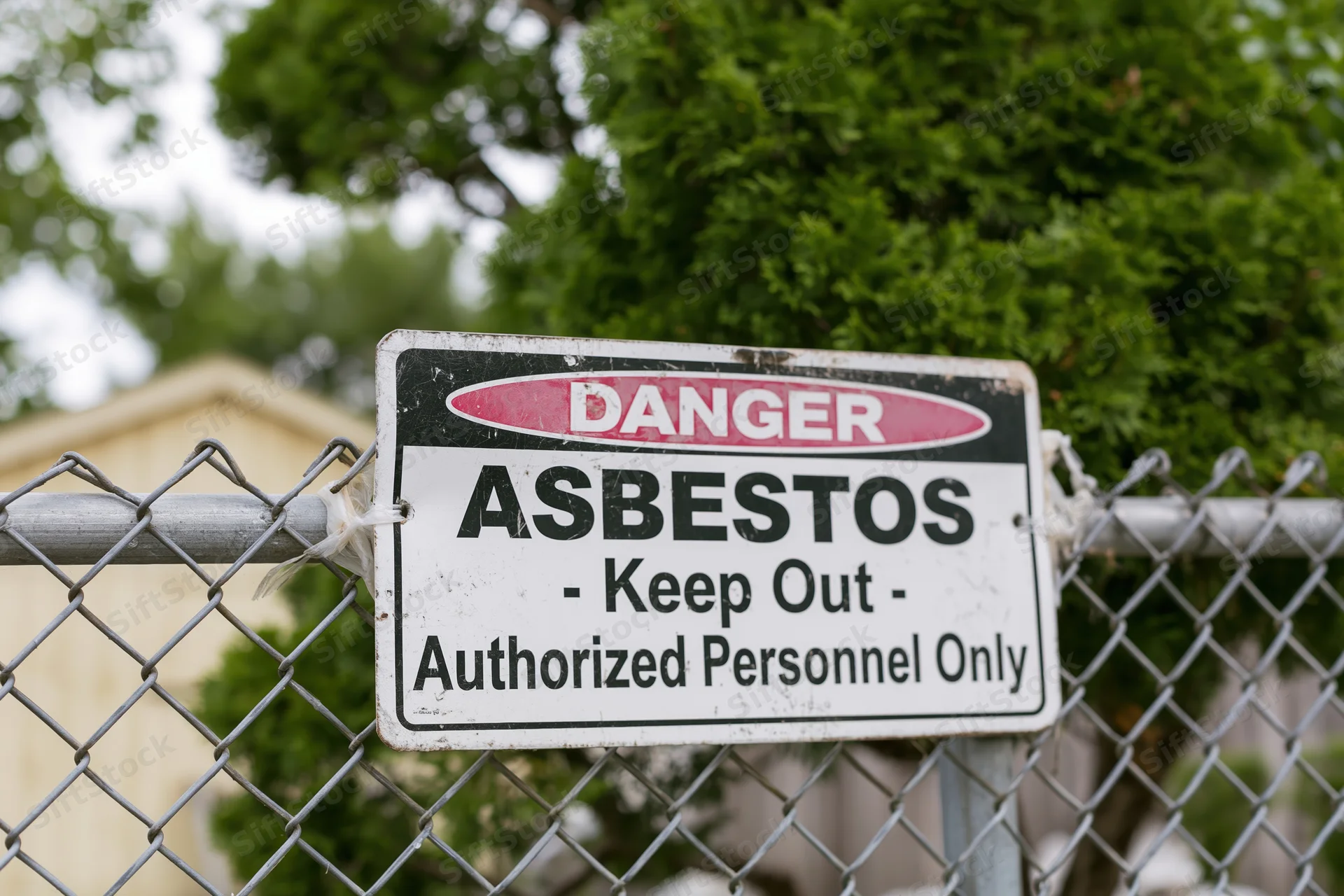 Danger warning sign for asbestos hazard on chainlink fence at construction site