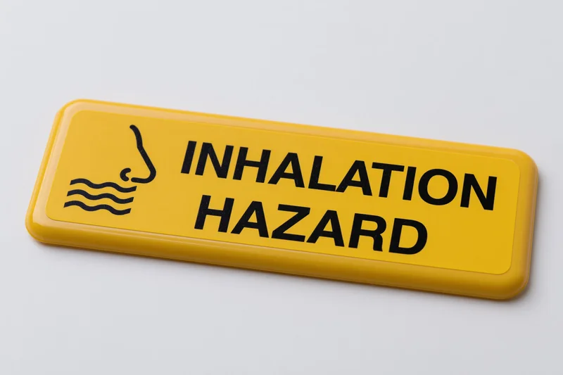Yellow rectangular warning sign reading inhalation hazard with icon on white background