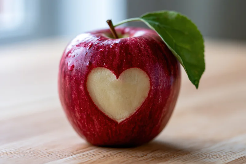 Red apple with heart carved into skin on wooden table