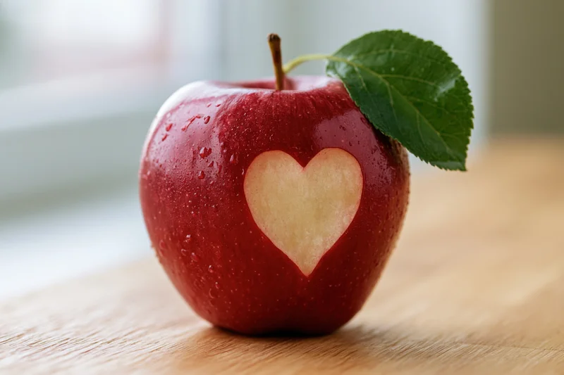 Red apple with heart carved into skin on wooden table