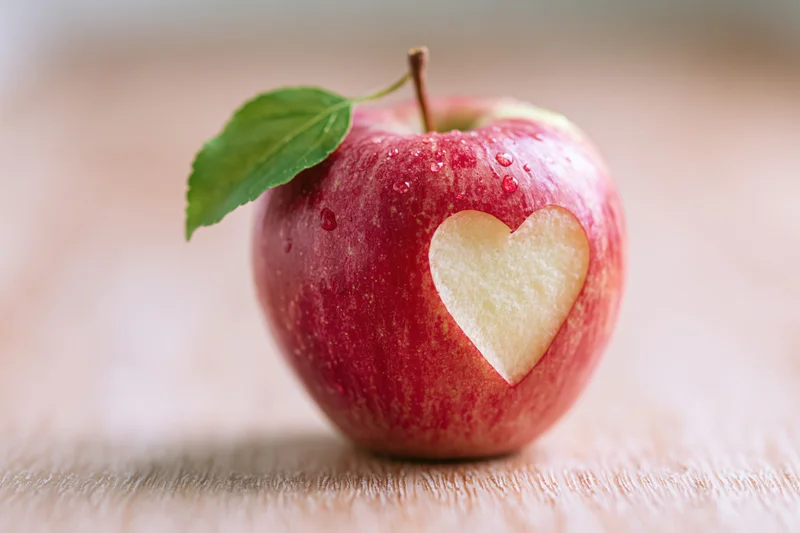Red apple with heart carved into skin on wooden surface