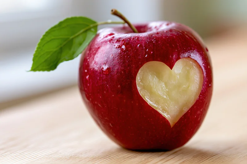 Red apple with heart carved into skin on wooden surface