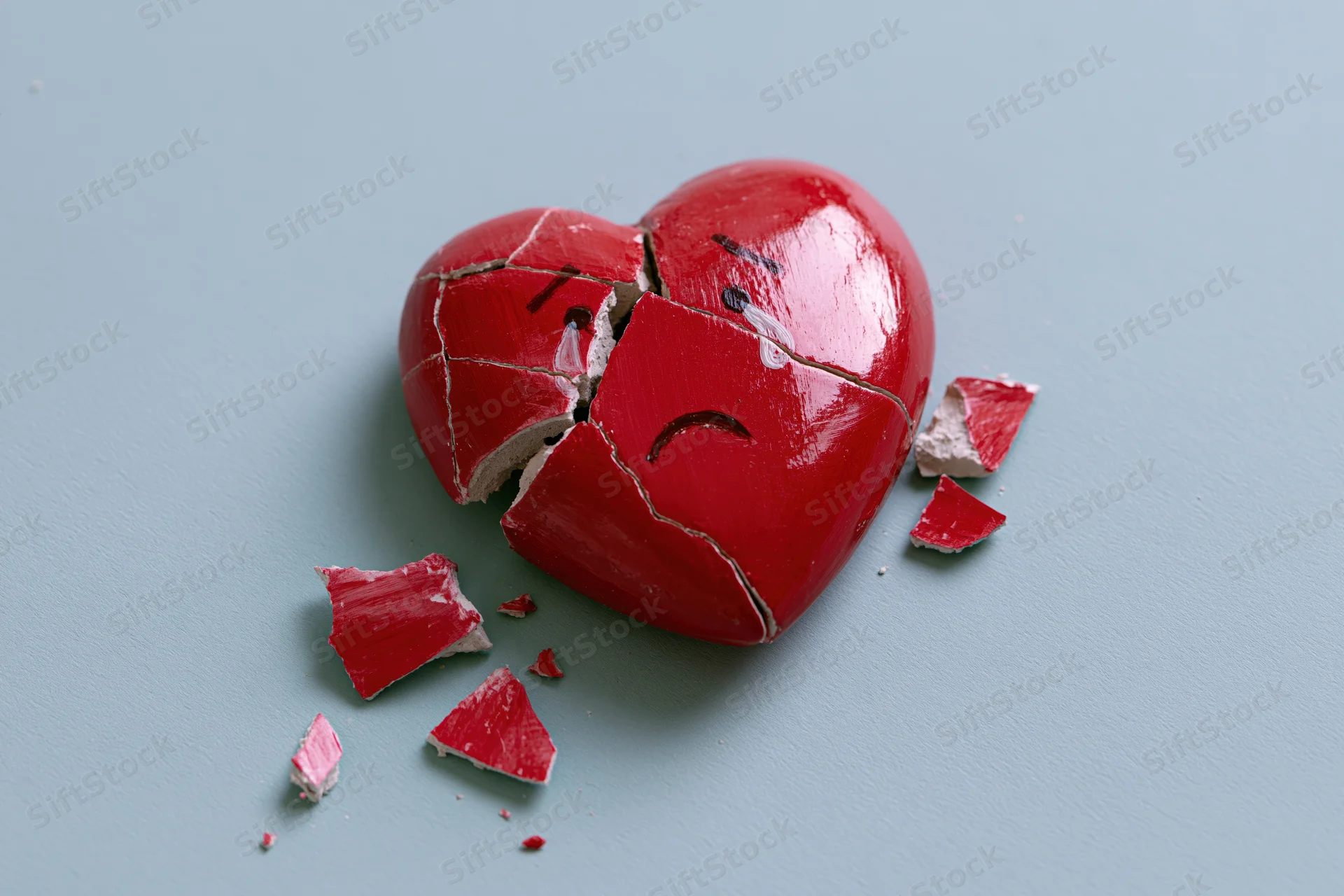 Broken red ceramic heart with painted sad crying face on light blue surface