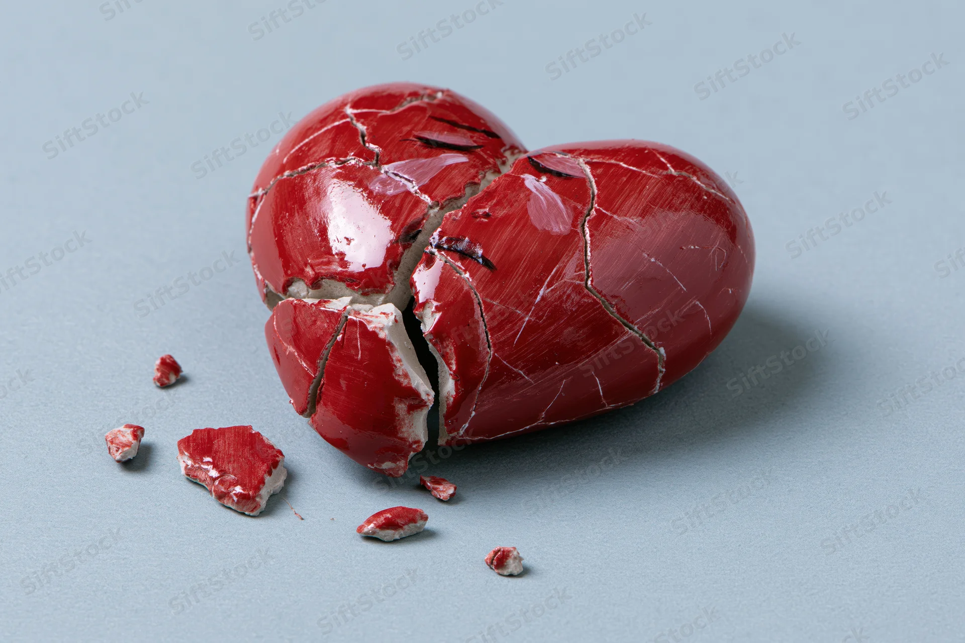 Broken red ceramic heart with cracks and fragments on a gray surface