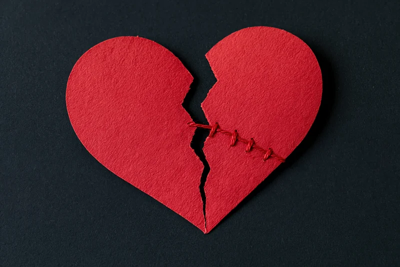 Red paper heart cut in half and stitched back together on black surface