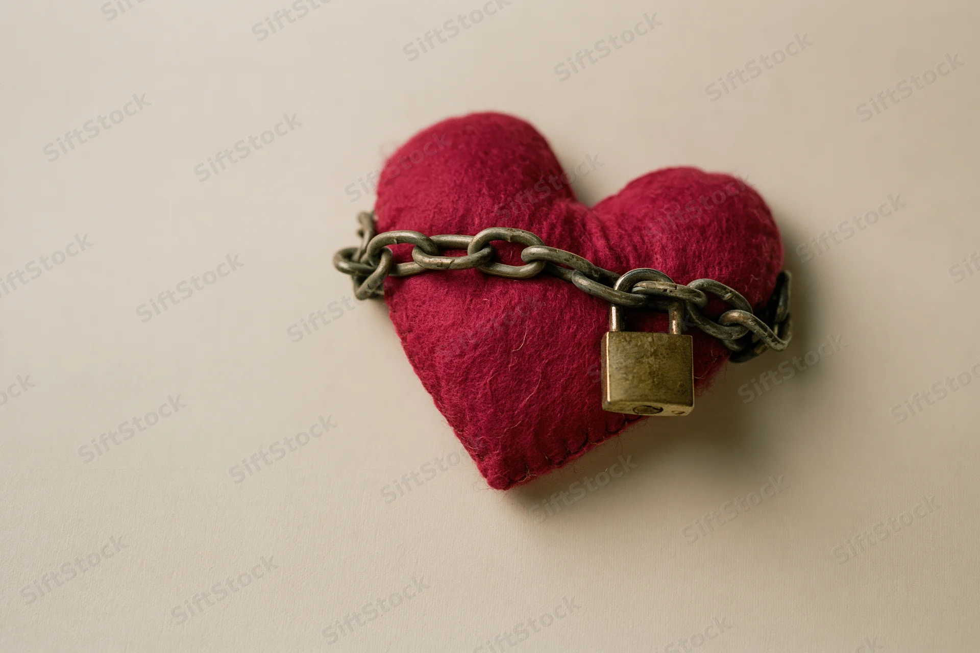 Red felt heart wrapped with metal chain and padlock on white surface