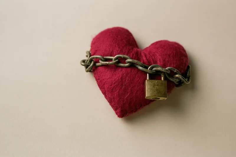 Red felt heart wrapped with metal chain and padlock on white surface