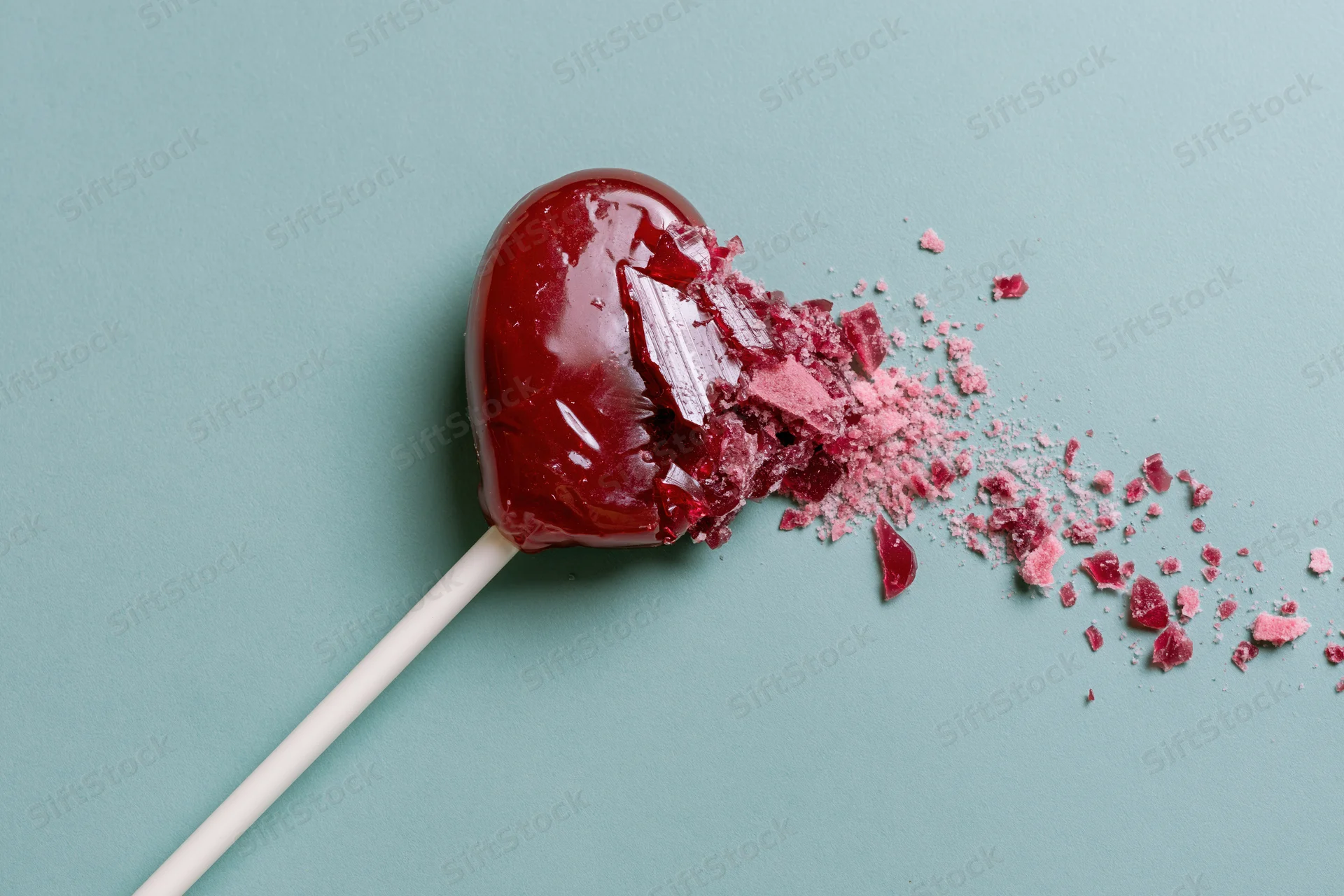 Broken red heart-shaped lollipop with shattered candy fragments on teal background