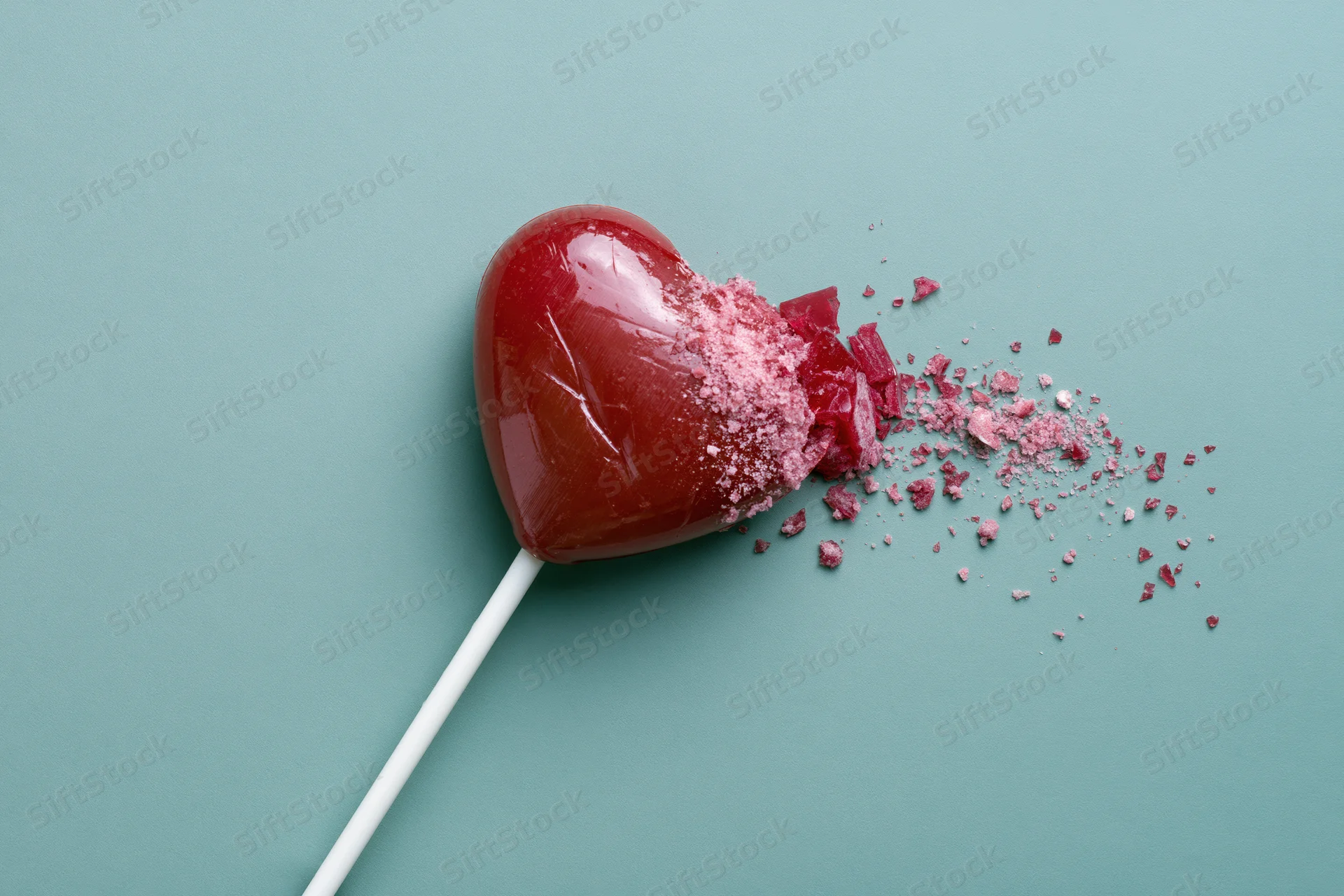 Broken red heart-shaped lollipop with shattered pieces on teal background