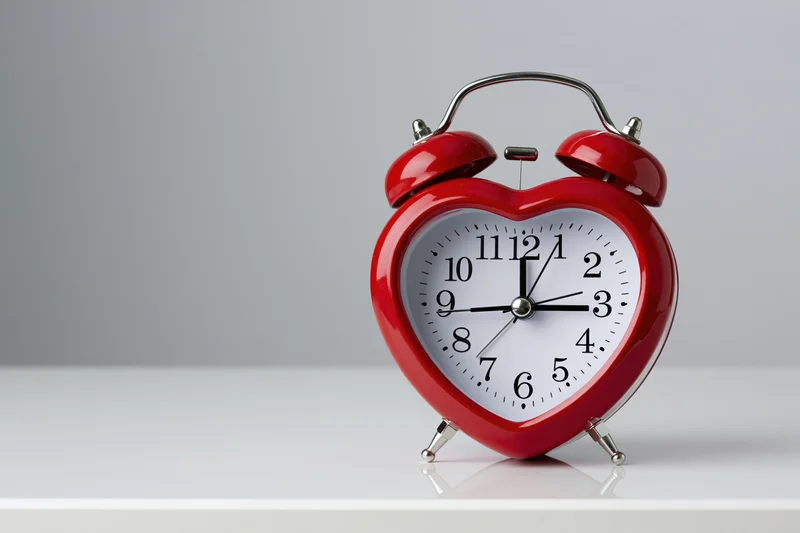 Red heart-shaped twin-bell alarm clock on white surface with copyspace