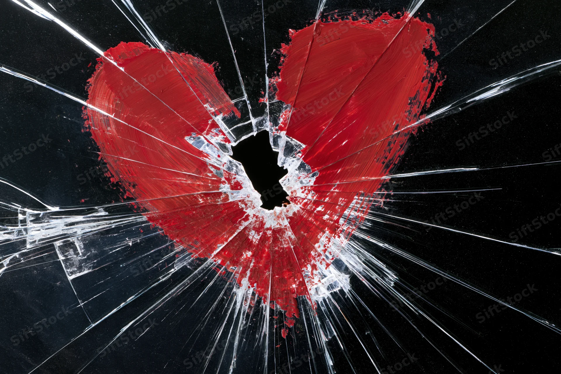 Red heart painted on shattered glass with cracks radiating from center