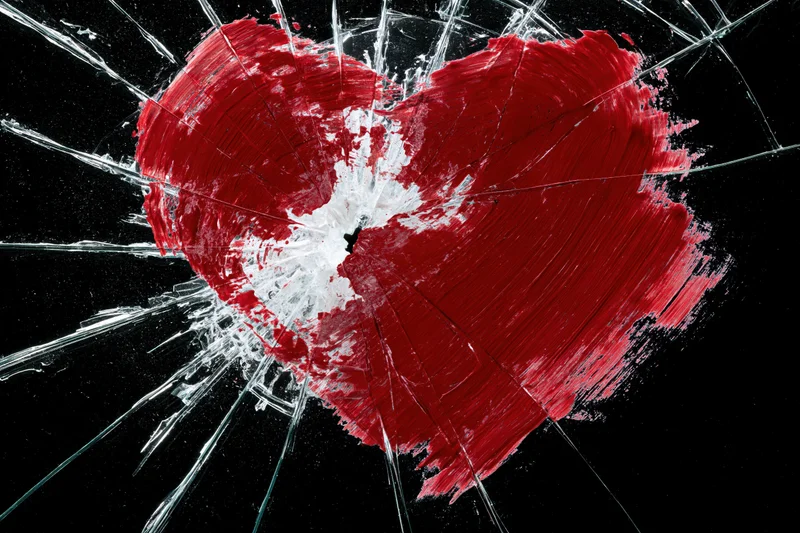 Red painted heart on shattered glass against black background