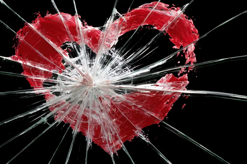 Red painted heart on shattered glass against black background