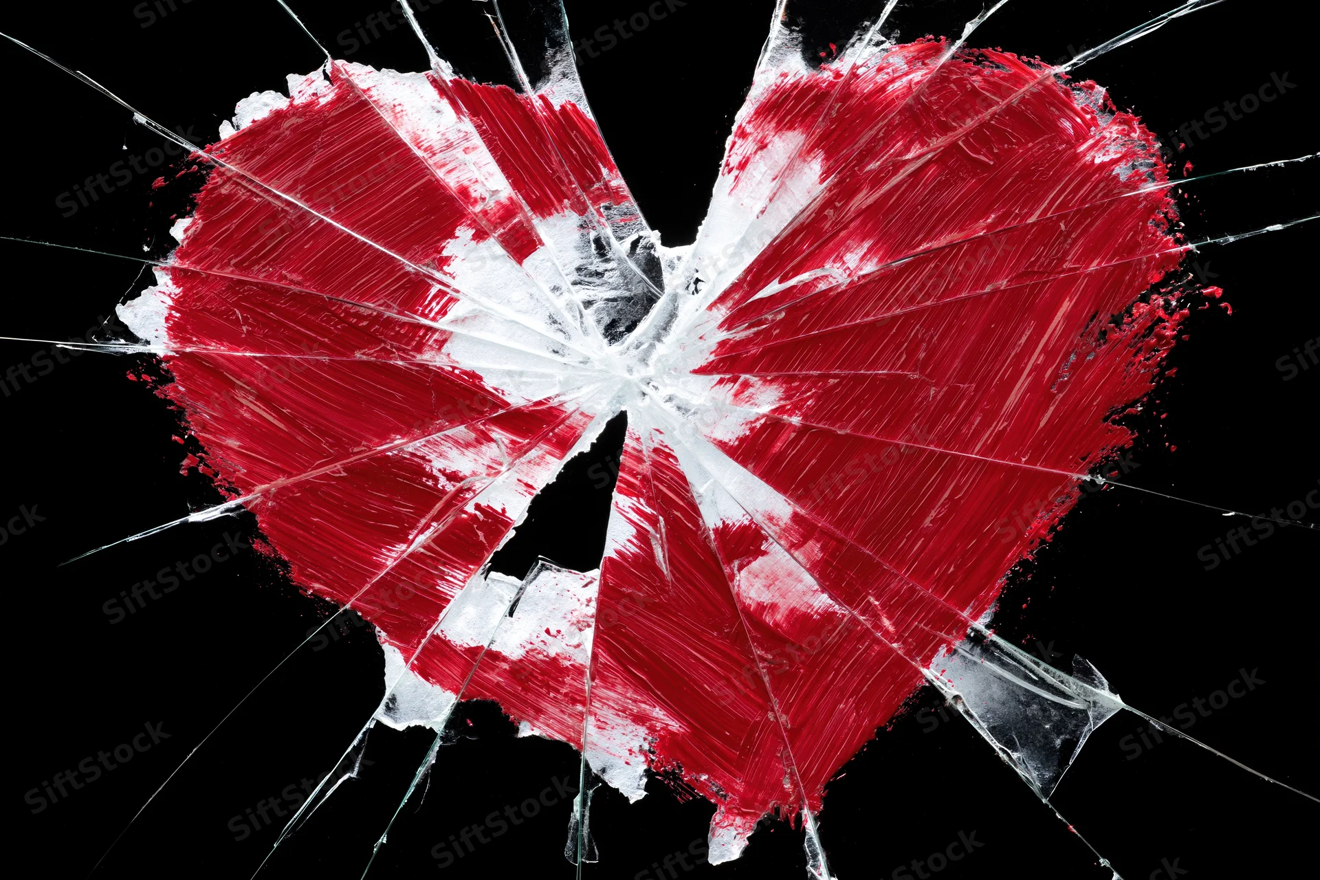Red heart painted on shattered glass against black background