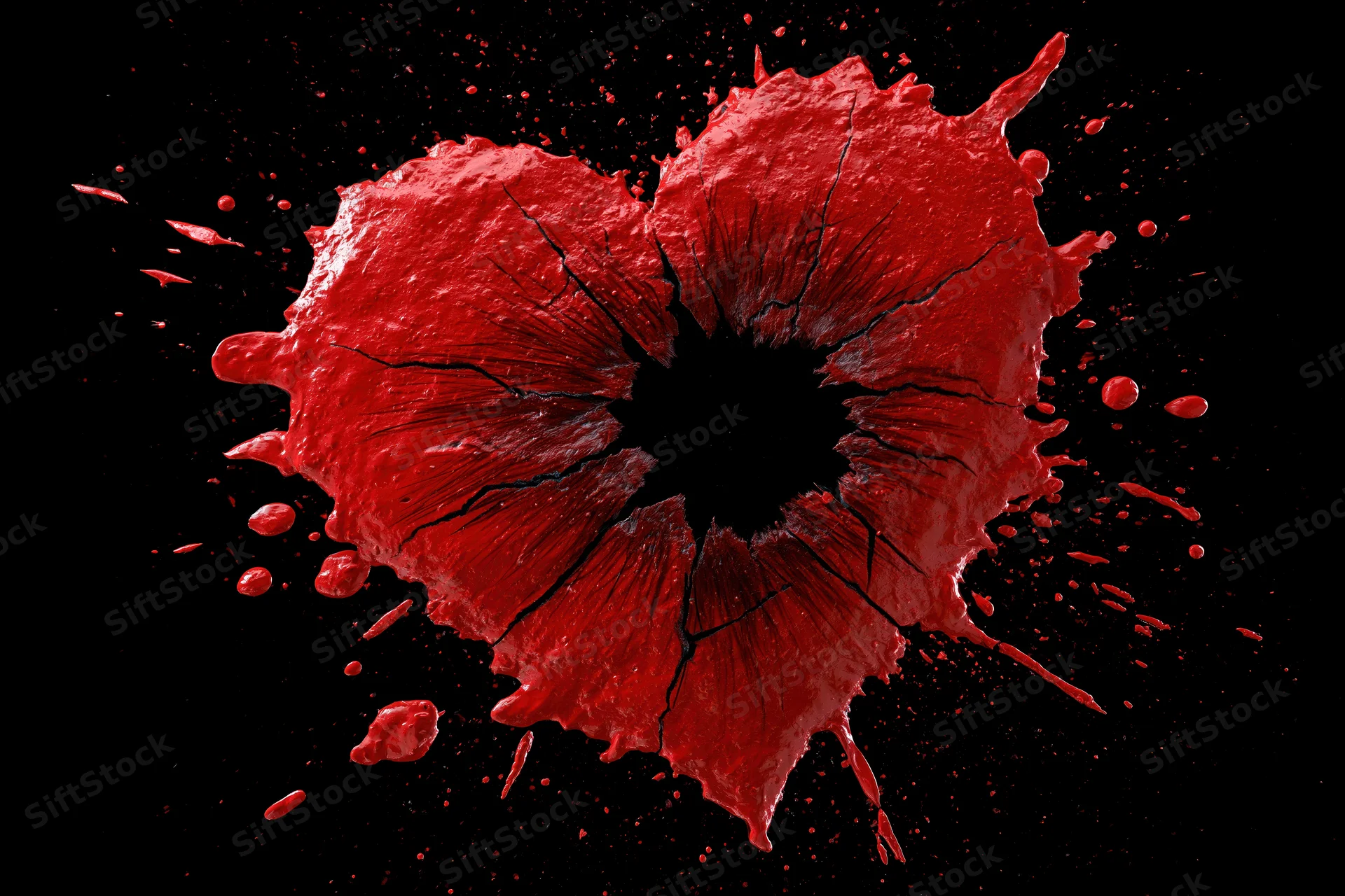 Red paint heart with shattered hole and splatters on black background