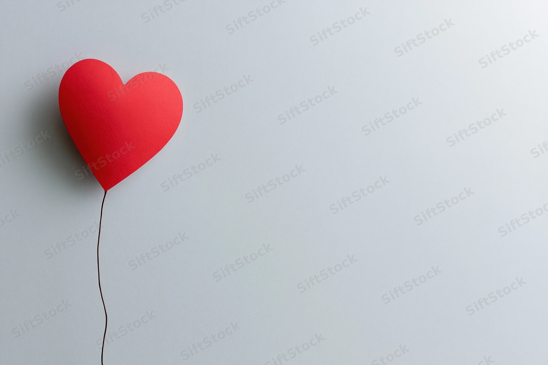 Red paper heart cutout floating on a white surface with string attached