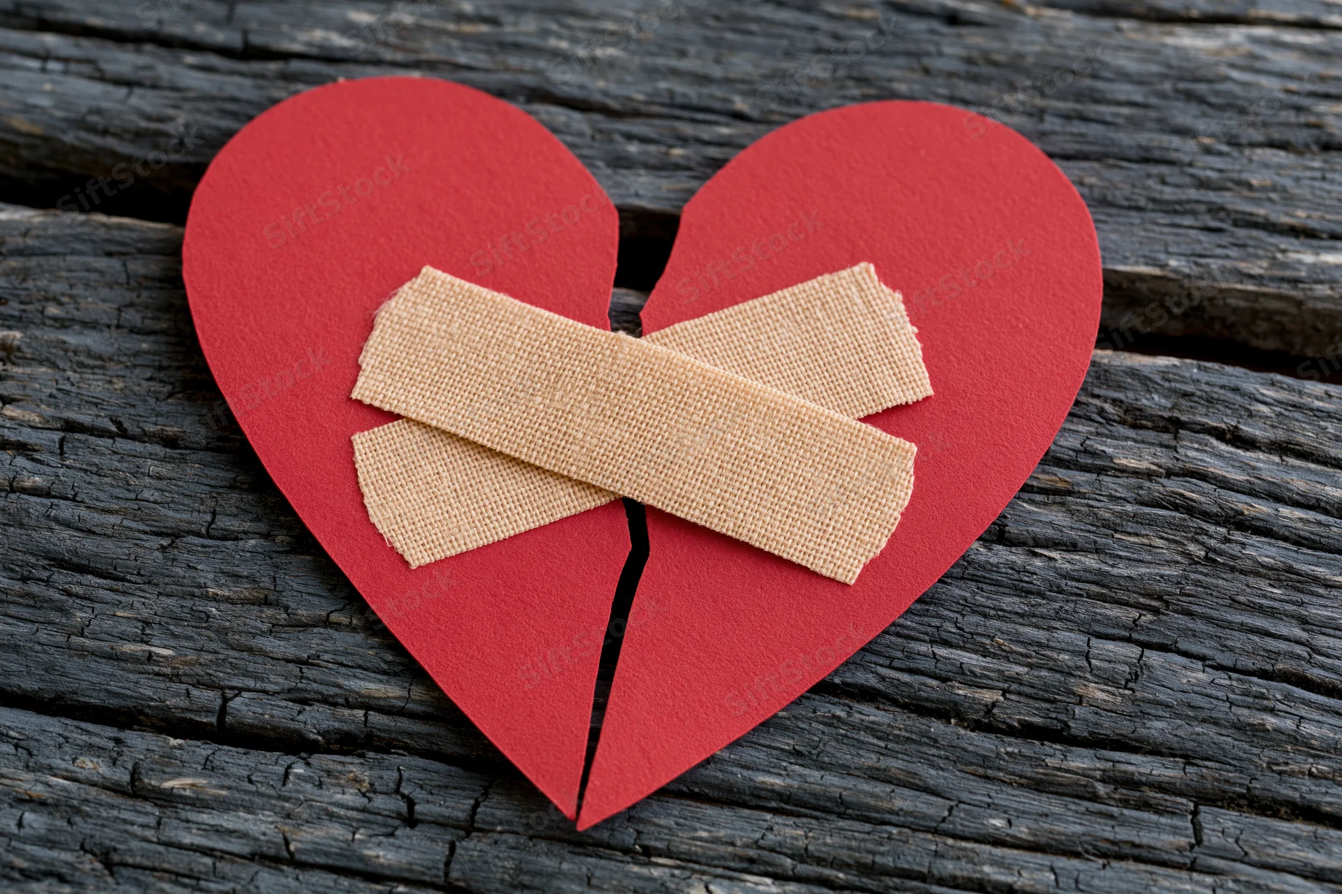 Red paper heart split down the middle with two adhesive bandages on weathered wood