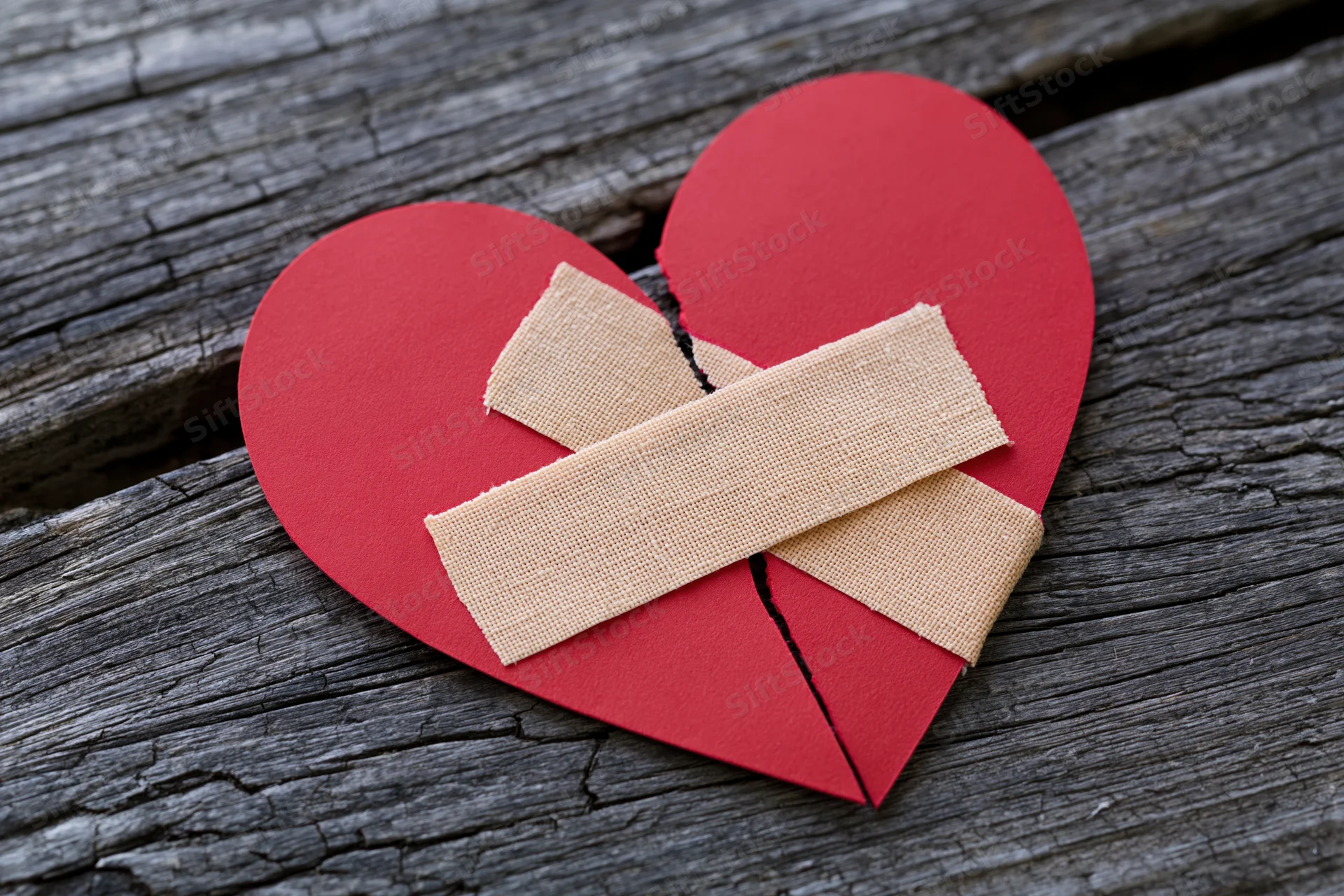 Broken red paper heart mended with bandages on weathered wood