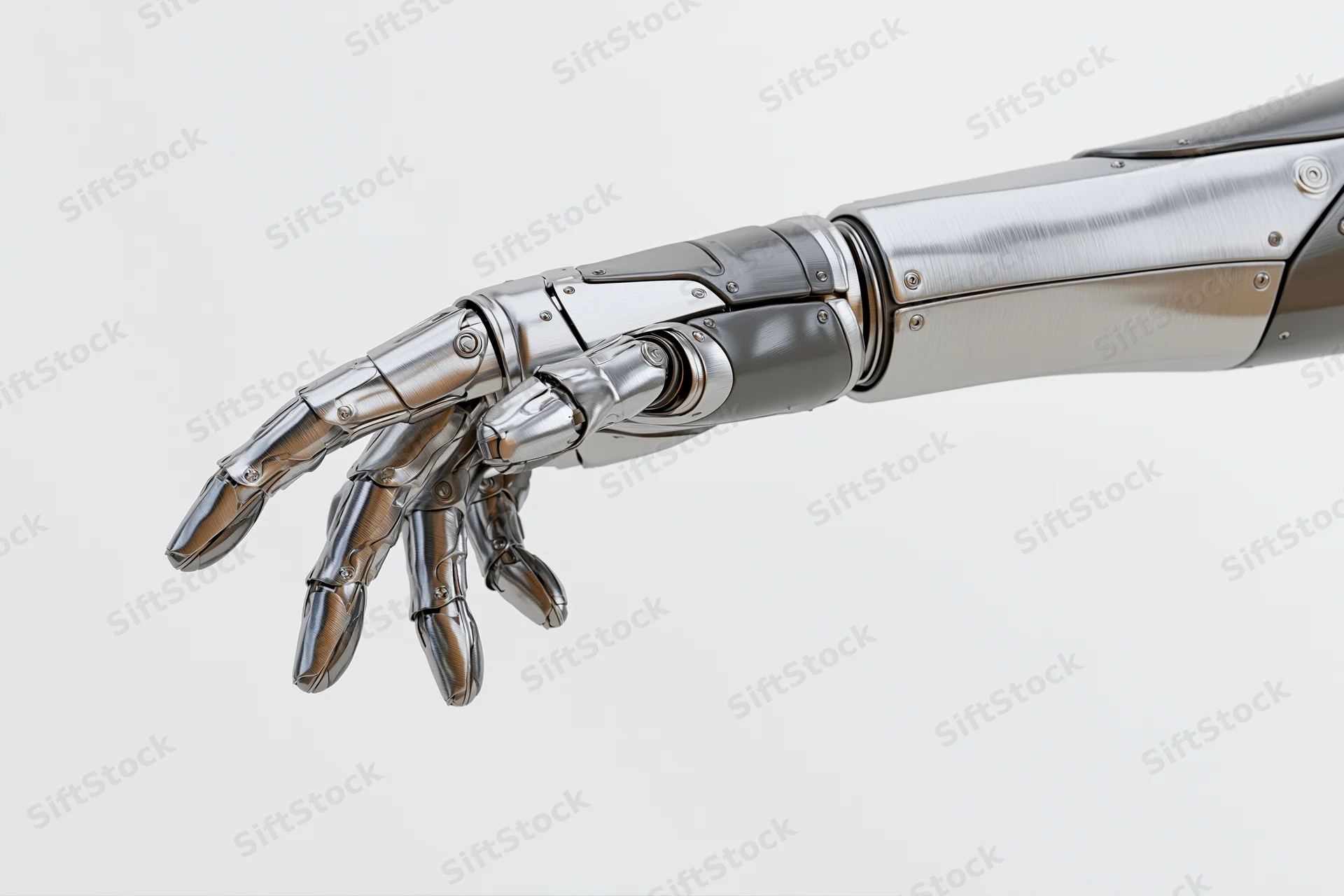 Robotic arm with articulated metallic fingers extended against white background