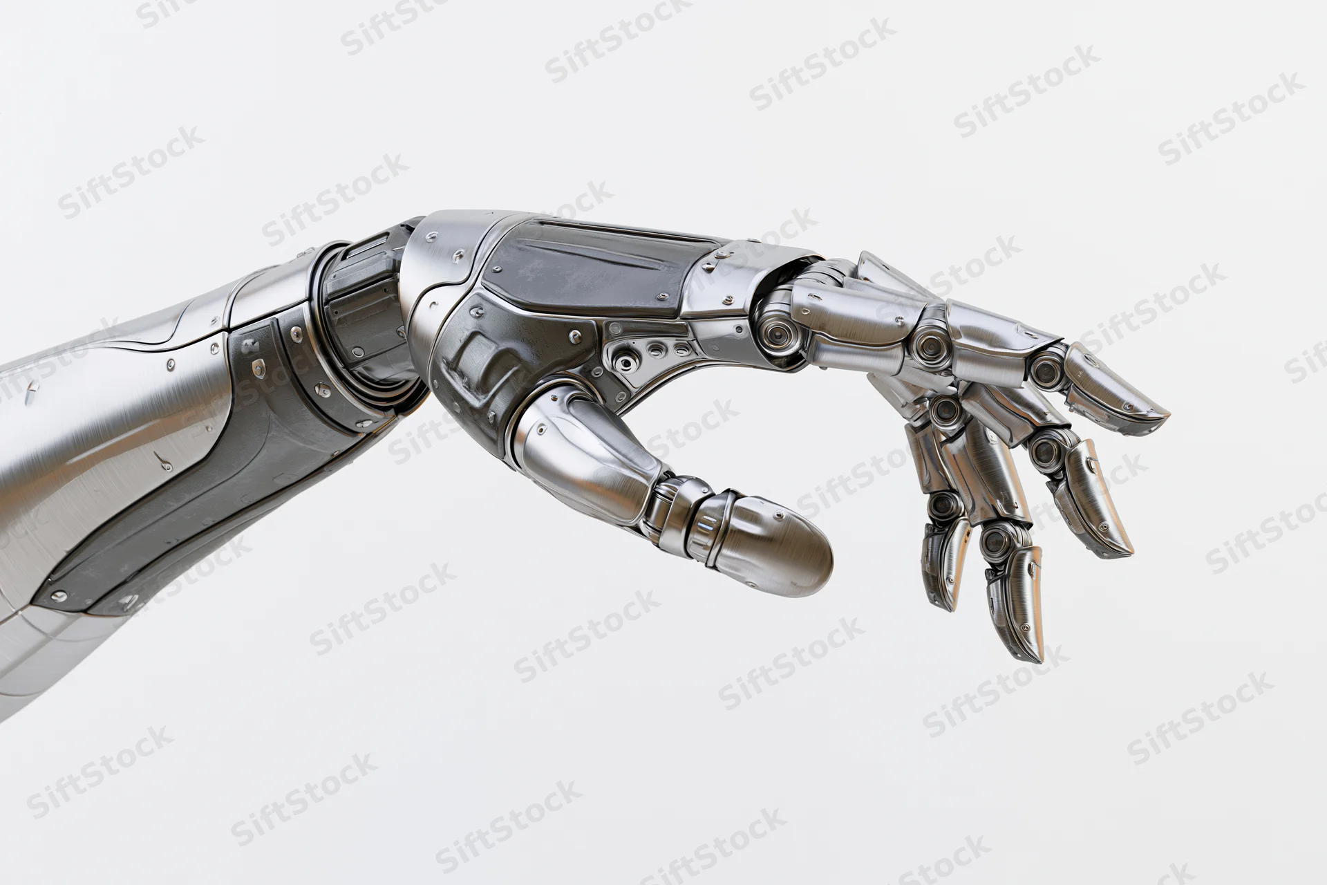 Robotic arm with segmented metallic fingers extended against white background