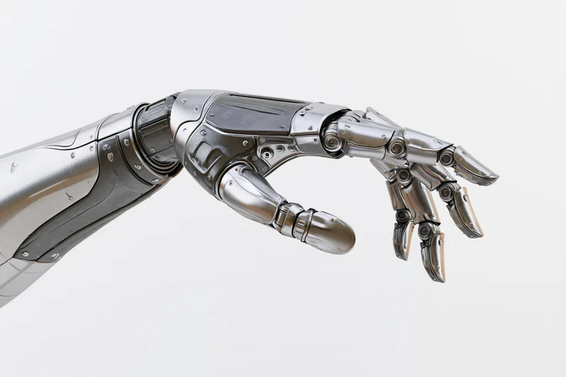 Robotic arm with segmented metallic fingers extended against white background