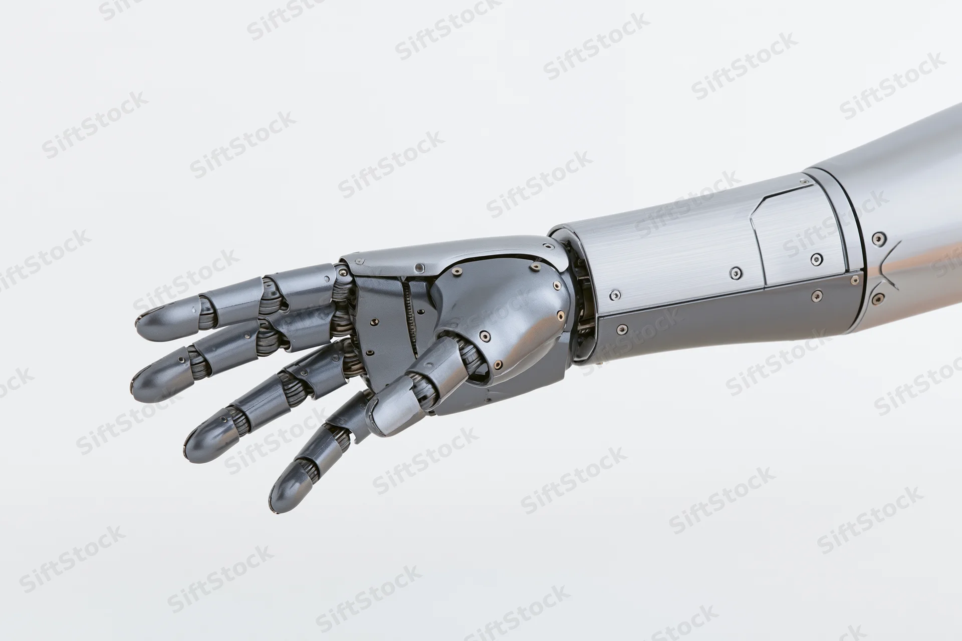 Robotic arm with segmented metallic fingers extended against white background