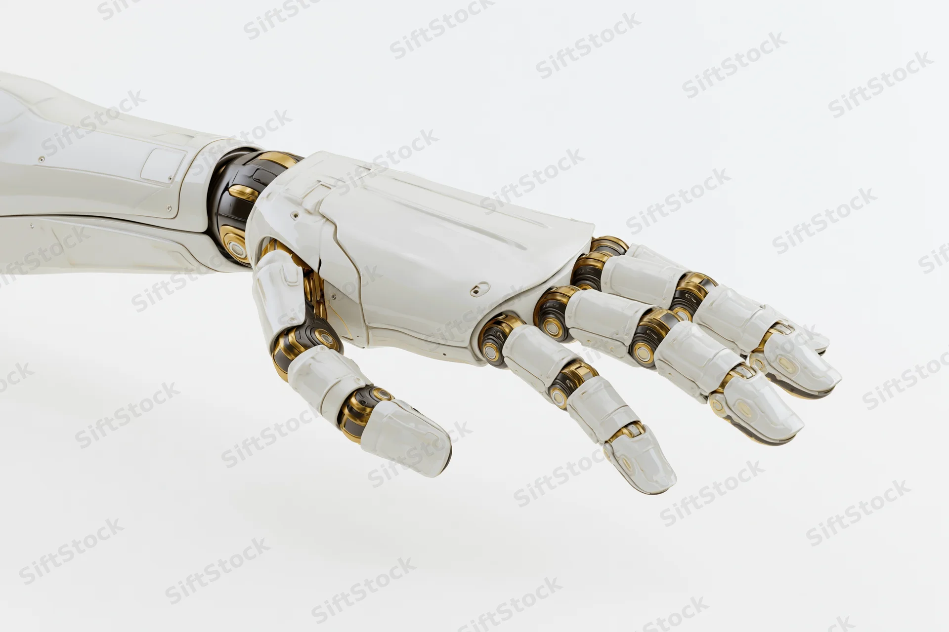 Robotic hand and forearm extended outward against white background