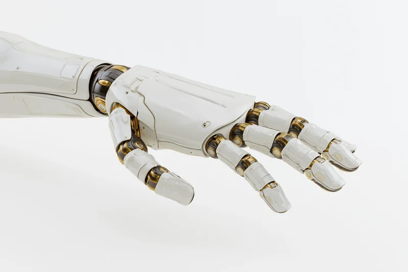 Robotic hand and forearm extended outward against white background