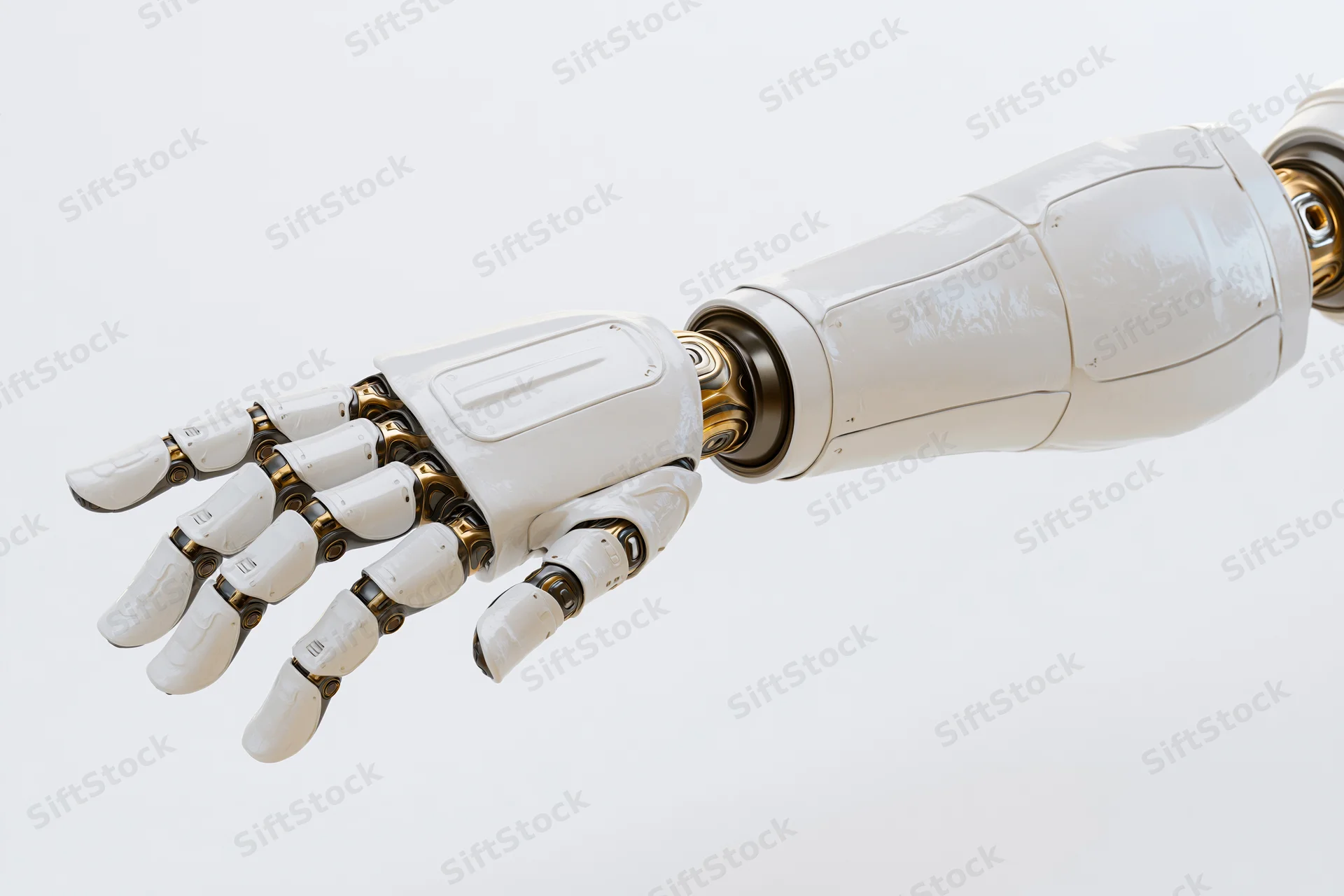 Robotic hand and forearm extended outward against white background