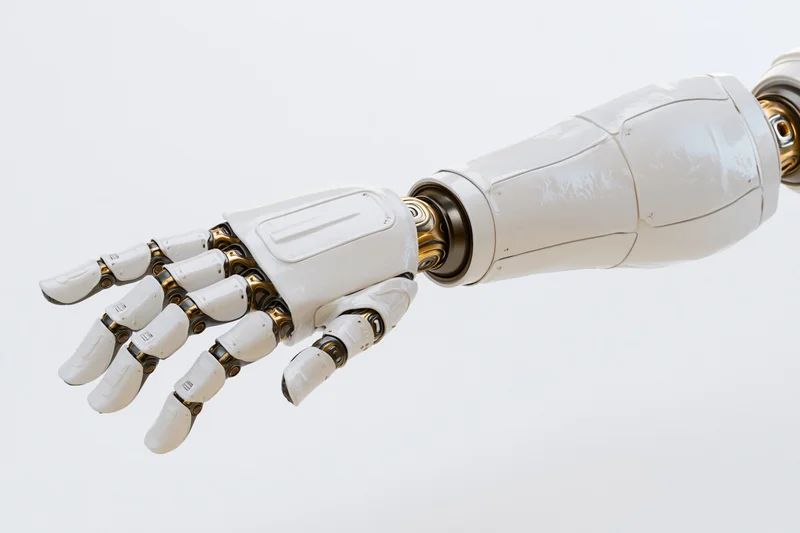 Robotic hand and forearm extended outward against white background