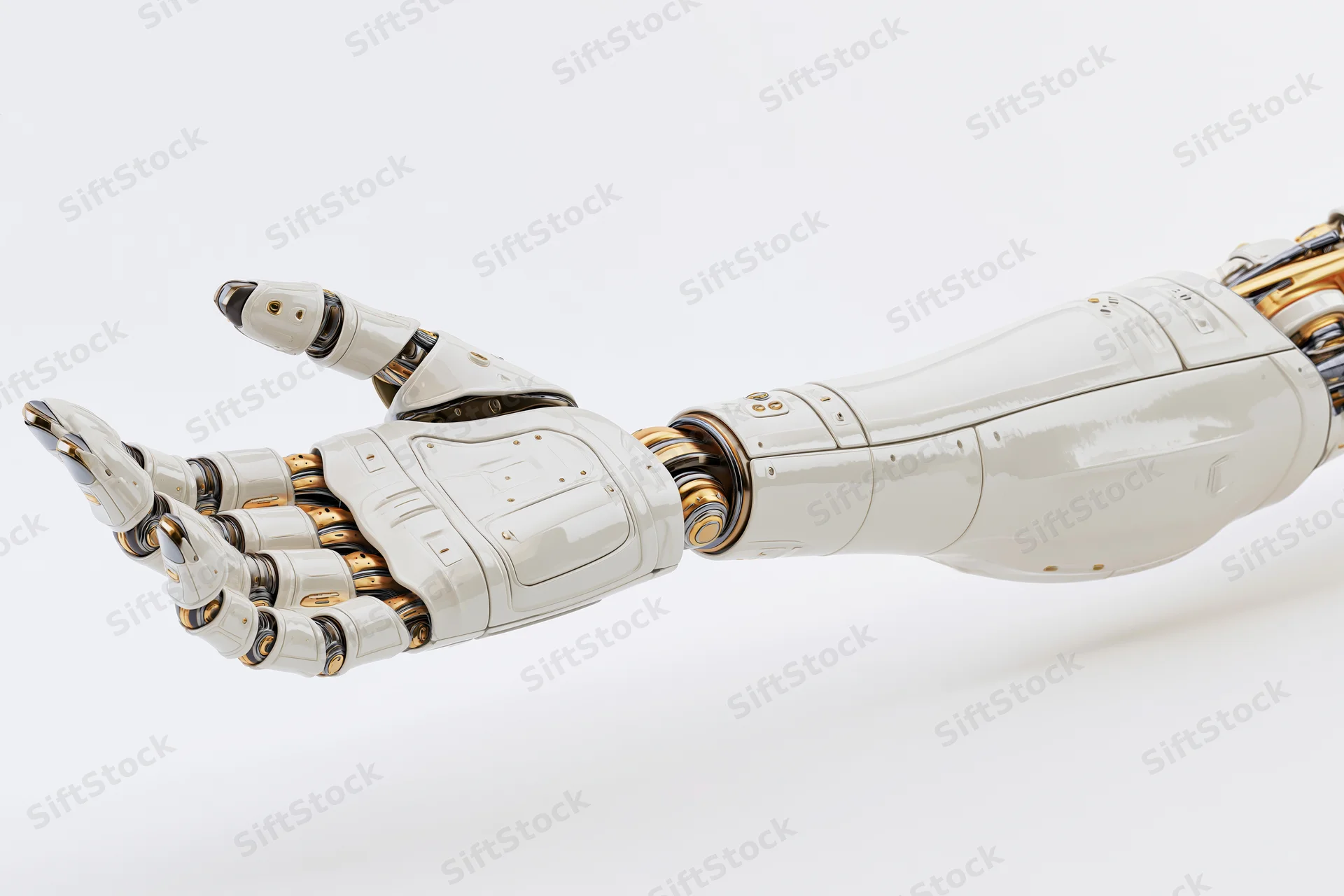 Robotic hand and forearm extended outward on white background
