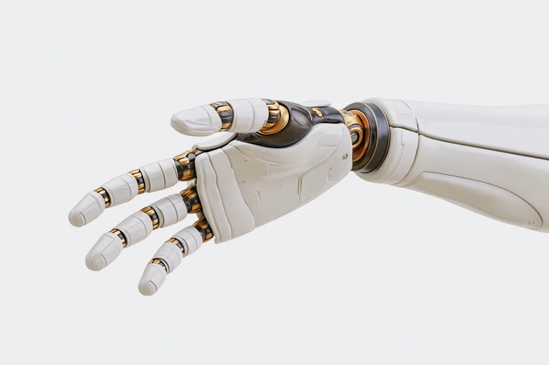 Robotic hand extended outward with fingers articulated against white background
