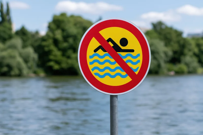 Round prohibition sign forbidding swimming near a lake with trees and sky in background