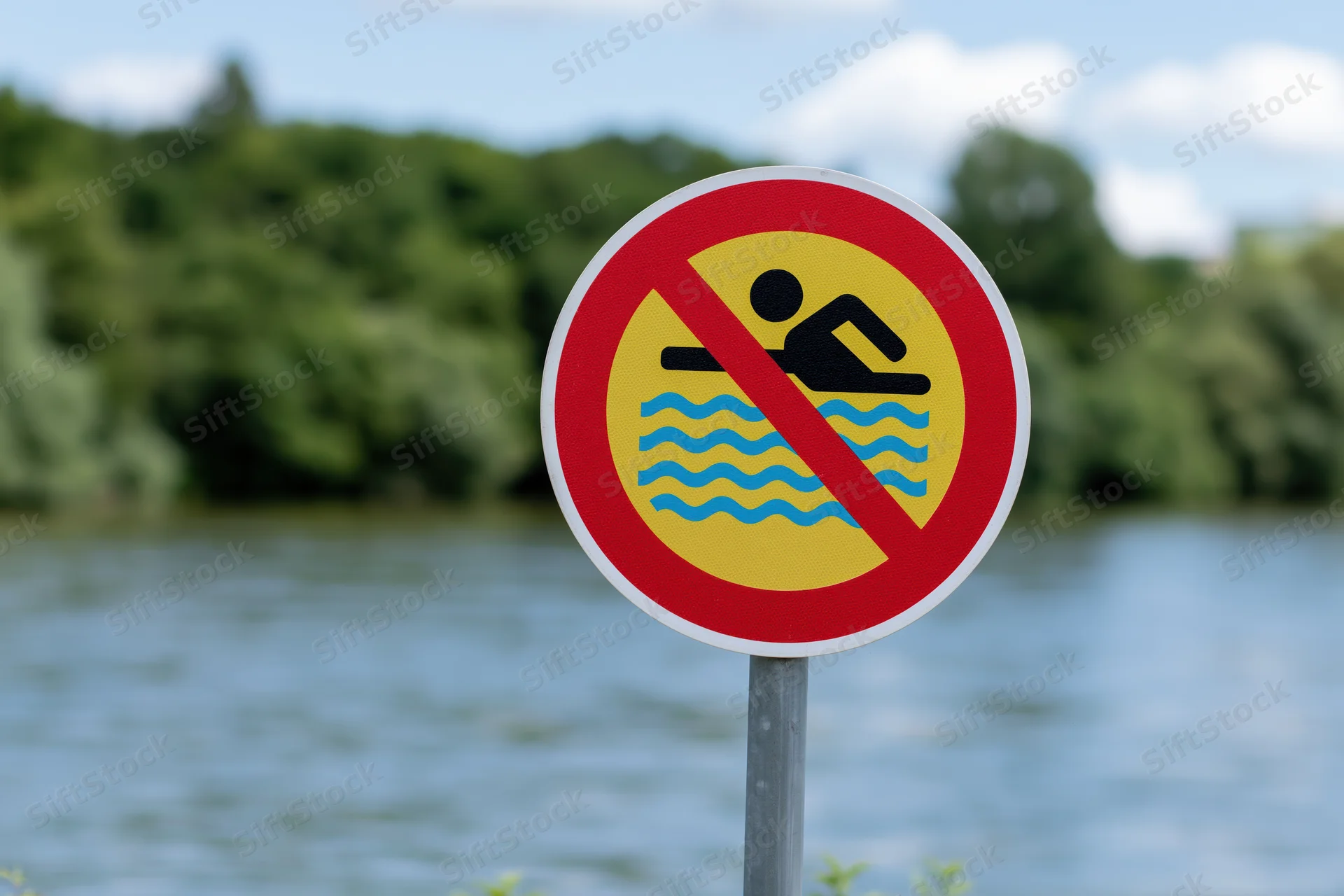 Round prohibition sign forbidding swimming near a lake with trees in the background