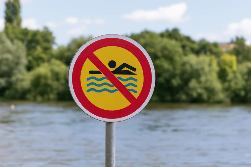 Round prohibition sign forbidding swimming near a riverbank with trees and sky in background