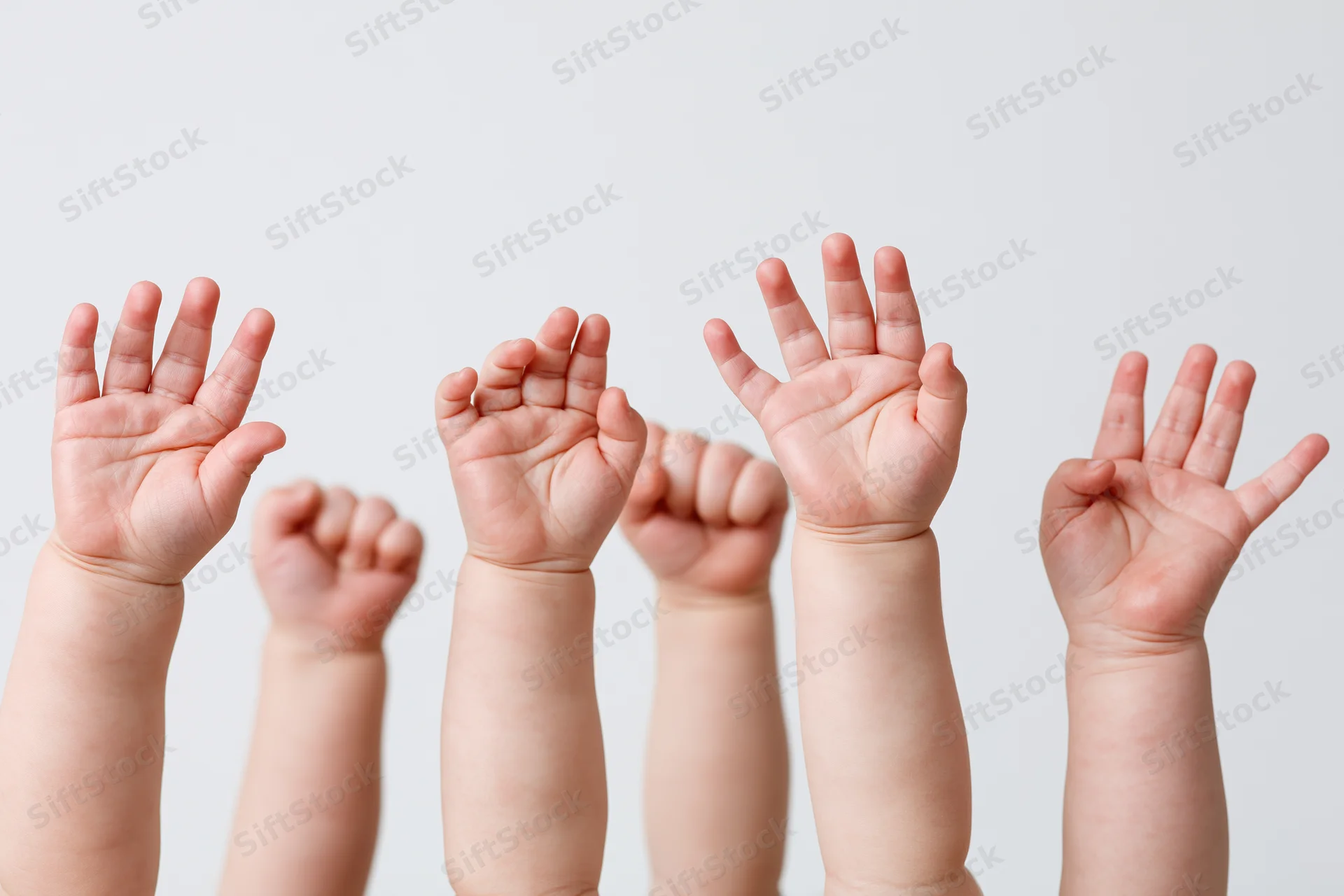 Baby and toddler hands raised upward against a white background with copyspace