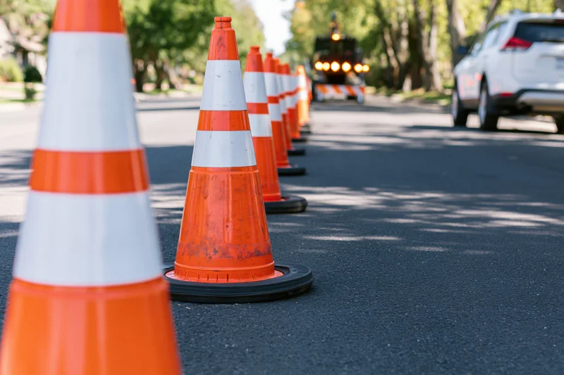 Row of orange traffic cones with white reflective bands lining a street during daytime roadwork