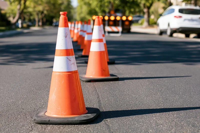Row of orange traffic cones with white reflective bands lining a street during daytime roadwork