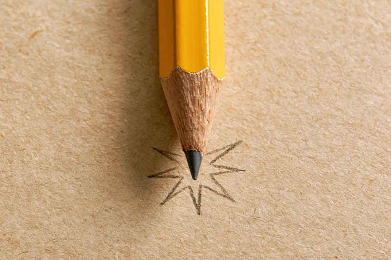 Sharp yellow pencil with hand-drawn starburst on textured paper
