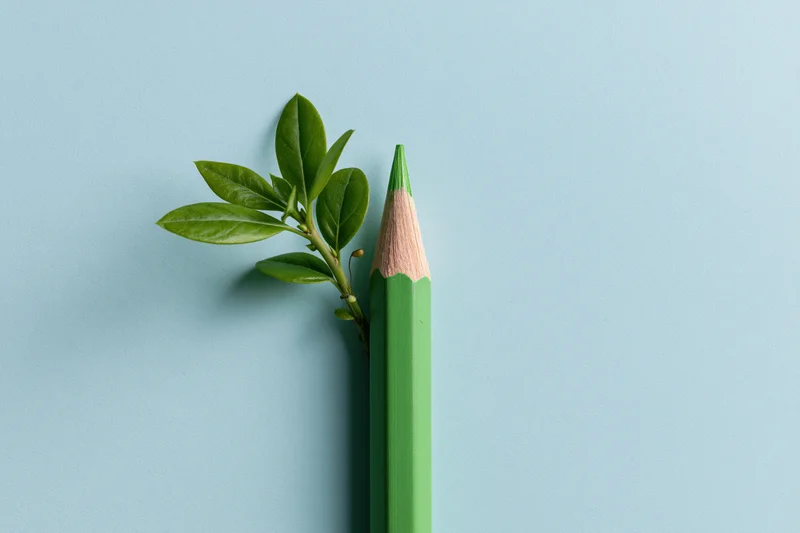 Green pencil standing vertically with a small leafy sprout attached to its side on a light blue surface