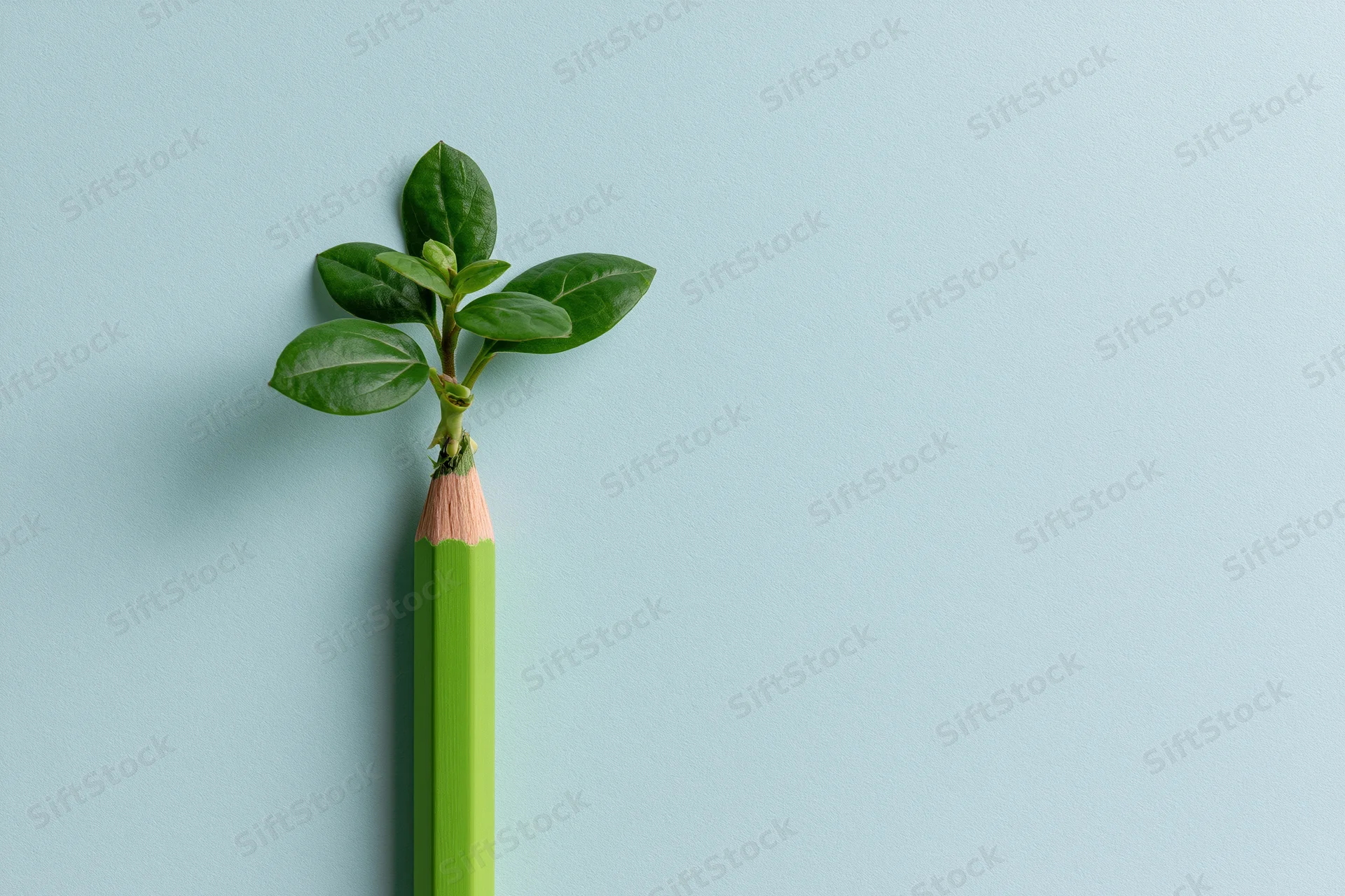Green pencil with small plant growing from tip against light blue background