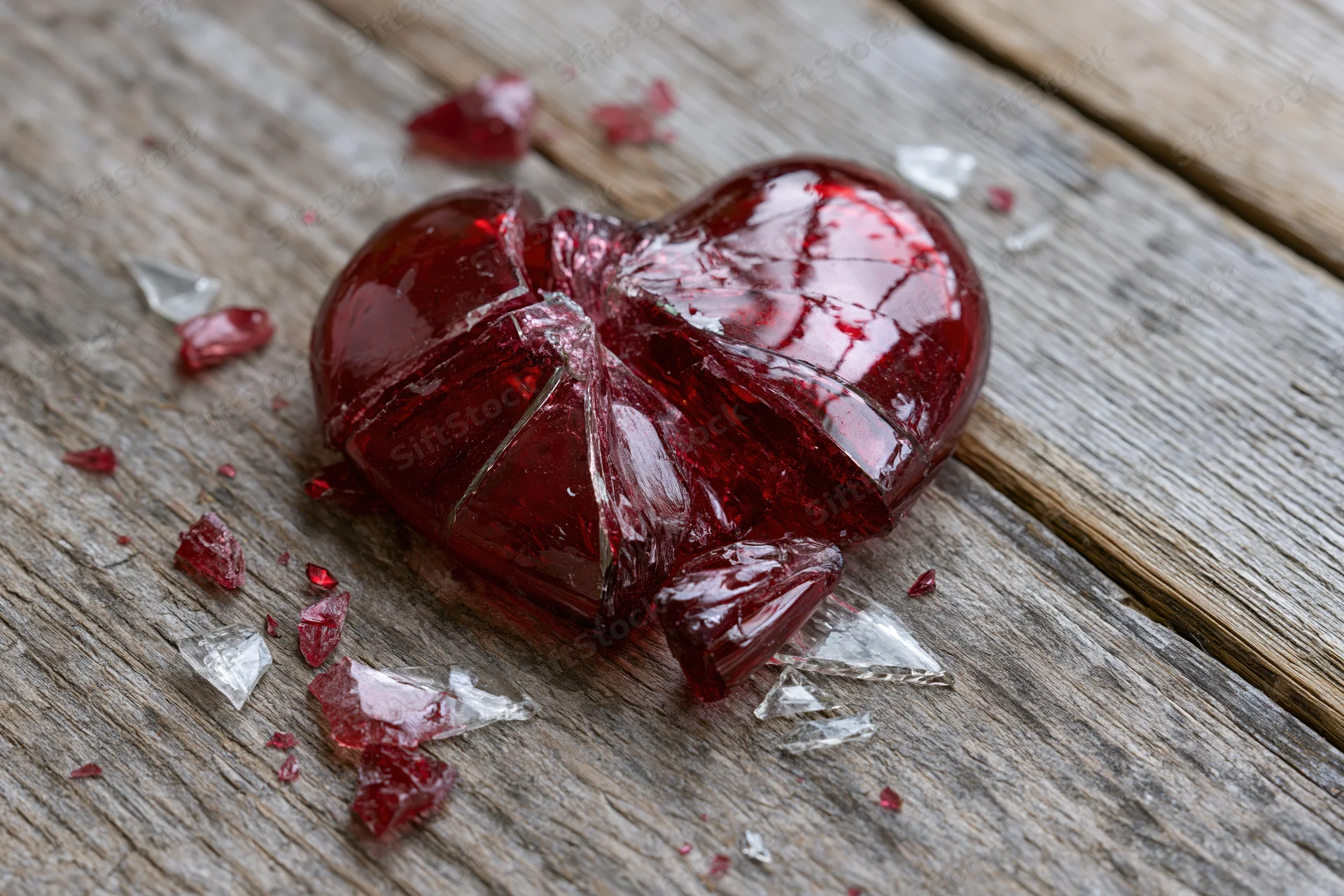 Shattered red glass heart lying on weathered wooden surface with fragments scattered around