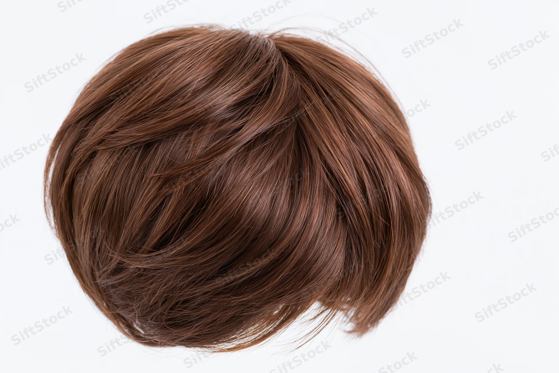Short brown layered wig displayed against white background